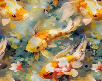 Koi fish cotton 100%, Eco-print, Printed Cotton fish fabric, Width 150cm /60"