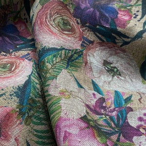 Linen fabric Exotic Flowers, Beige in melange, Softened linen for sewing, Width 150cm /60&quot;