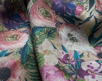 Linen fabric Exotic Flowers, Beige in melange, Softened linen for sewing, Width 150cm /60"