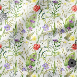 Poppies, Summer Meadow Flowers cotton 100%, Eco-print, Printed Cotton Fabric, Meadow fabric, Width 150cm /60&quot;
