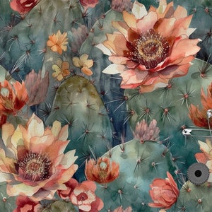 Eco-print, Kaktus Baumwolle, bedruckt mit Aquarell Kakteen, 150 cm breit