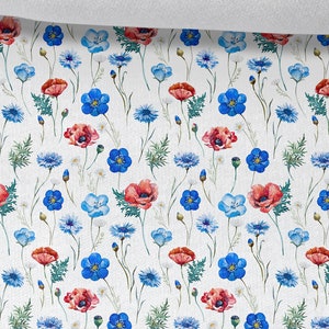 Tela de sudadera con flores de amapolas, elástica, de prado, de punto de algodón, para sudaderas, ropa deportiva y ropa infantil, 230 g/m²