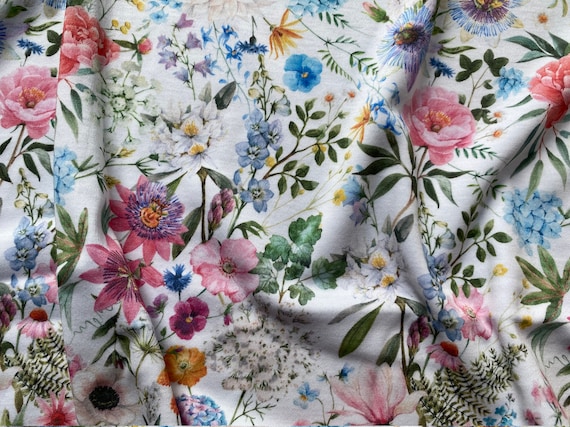 Cotton Knit Fabric Tiny Meadow, Summer Meadow Flowers, Stretchable, Meadow Cotton Knit, Eco-Print, 200gsm weight
