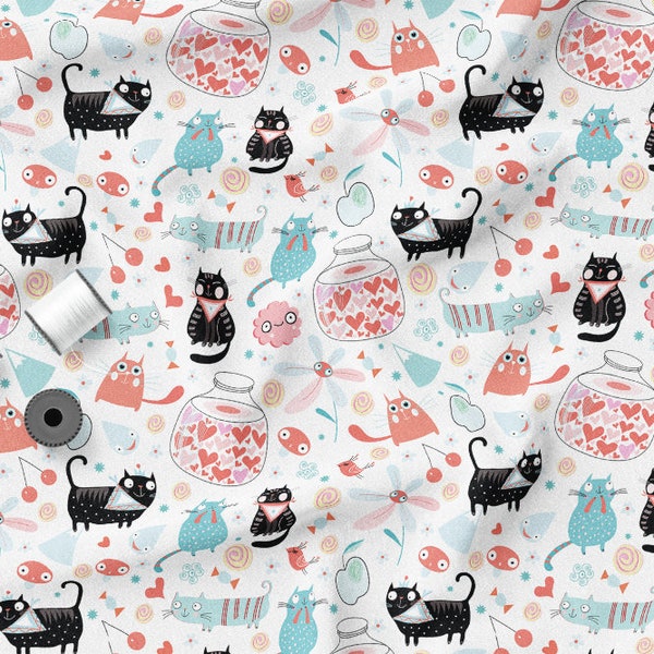 Lustige Katzen, Baumwolle Strickstoff, Jersey Strickstoff, Sweatshirt Strickstoff, Öko-Print, Breite 150cm
