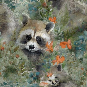May include: A watercolor illustration of two raccoons peeking out from behind a lush green and blue floral background. The raccoons have black eyes and noses, and their fur is a mix of brown and gray. The flowers are a mix of orange and blue.