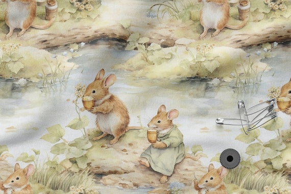 Little mice cotton 100%, Eco-print, Printed Cotton mice fabric, Width 150cm /60"