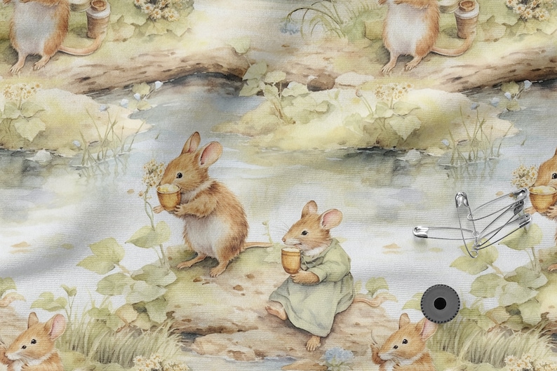 May include: A watercolor illustration of four mice drinking from small cups. The mice are brown and white with long tails. The background is a light blue with green leaves and a stream of water.