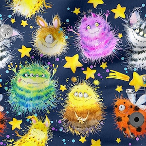 May include: A whimsical pattern featuring colorful, furry creatures with multiple eyes and a variety of expressions. The background is a dark blue with yellow stars and a yellow comet.