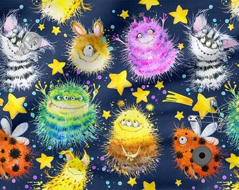 HAPPY MONSTERS Amusant coton 100 %, impression écologique, tissu en coton imprimé, largeur 150 cm