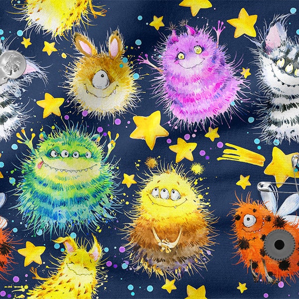 HAPPY MONSTERS Amusant coton 100 %, impression écologique, tissu en coton imprimé, largeur 150 cm