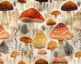 Mushrooms forest cotton 100%, Eco-print, Printed Cotton mushrooms fabric, Width 150cm /60"