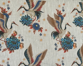 Tissu en lin hérons, lin à fleurs beige chiné, lin ramolli pour la couture, largeur 150 cm / 60"