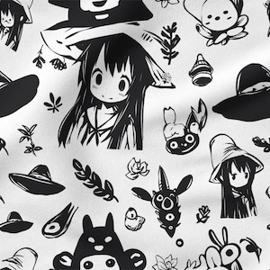DRAWING cotton 100%, Eco-print, Printed Cotton ANIME fabric, Width 150cm /60&quot;