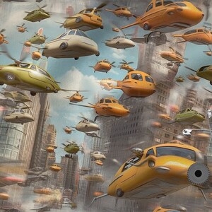 Flying cars cotton 100%, Eco-print, Printed Cotton flying cars fabric, Width 150cm /60&quot;