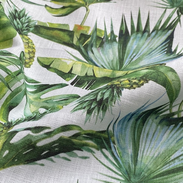 Feuilles exotiques Linge 100%, Eco-print, Tissu de lin imprimé, Tissu exotique, Linge ramolli pour la couture, Largeur 150cm / 60 »