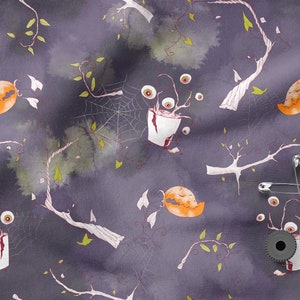 May include: A purple fabric with a Halloween-themed pattern. The pattern features orange jack-o'-lanterns, white branches, green leaves, and white spiderwebs. There are also white cups with red blood and eyeballs growing out of them.