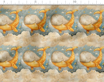 Cute Whale cotton 100%, Eco-print, Printed Cotton Fabric, whale fabric, Width 150cm /60"