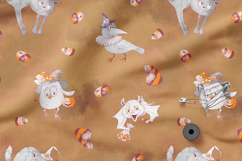 May include: A seamless pattern featuring a variety of Halloween characters, including a cat, an owl, a bat, and a crow. The characters are all white with black accents and are set against a brown background with orange and black candy corn scattered throughout.