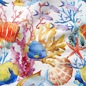 COLORFUL FISH Reef CORAL Ocean, cotton 100%, Eco-print, Printed Cotton Fabric, Width 155cm /61&quot;