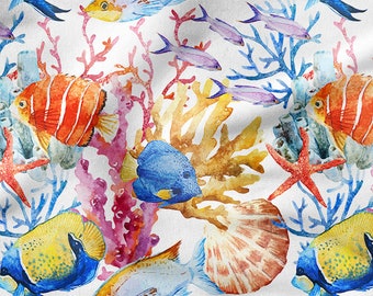 COLORFUL FISH Reef CORAL Ocean, coton 100%, Eco-print, Tissu en coton imprimé, Largeur 155cm /61 »