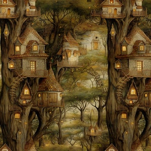 Può includere: Un dipinto che rappresenta una foresta fantasiosa con numerose case sugli alberi. Le case sugli alberi sono costruite in legno e pietra e hanno finestre e porte. La foresta è piena di alberi e cespugli, e il terreno è ricoperto di foglie. Il dipinto è realizzato in uno stile realistico e ha un'atmosfera calda e invitante.