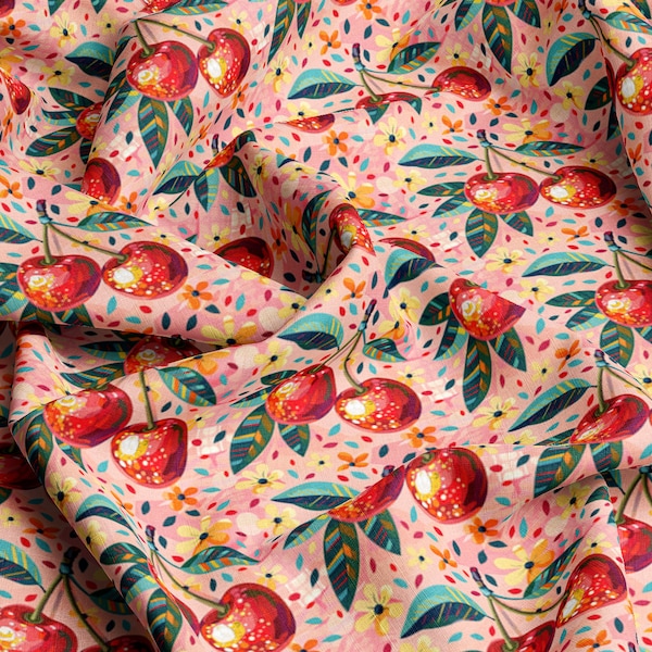 Patterns VISCOSE Fabric 100%, Eco-print, Printed Viscose Fabric, cherries Pattern, Light and , Width 145cm /57"