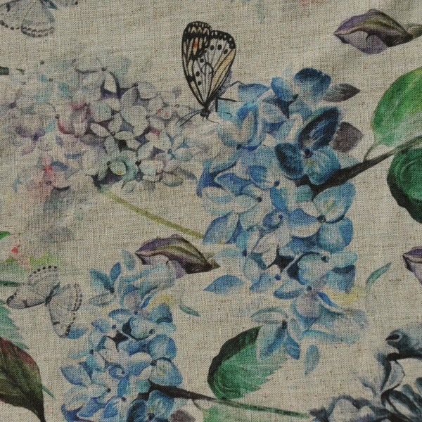 Tissu en lin PAPILLONS FLEURS, Beige en mélange, Lin adouci pour la couture, Largeur 150cm /60"