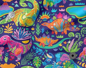 Colorful Dinosaurs cotton 100%, Eco-print, Printed Cotton Fabric, Dinosaurs fabric, Width 150cm /60&quot;