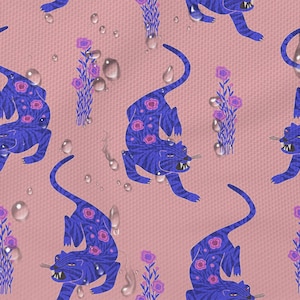 May include: A seamless pattern featuring purple tigers with pink floral details on a pink background. Water droplets are scattered throughout the design.