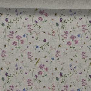 Tessuto di lino Tiny Meadow, Summer Meadow Flowers, Beige in melange, Lino ammorbidito per cucire, Larghezza 150 cm /60"