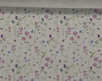 Linen fabric Tiny Meadow, Summer Meadow Flowers, Beige in melange, Softened linen for sewing, Width 150cm /60"