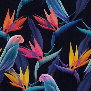 May include: A seamless pattern featuring vibrant blue, orange, yellow, and pink bird of paradise flowers and blue and pink parrots on a dark blue background. 38 cm / 14.96 inch.