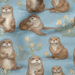 Cute otter cotton 100%, Eco-print, Printed Cotton Fabric, otter fabric, Width 150cm /60&quot;