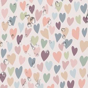 May include: A white background with a repeating pattern of colorful hearts. Water droplets are scattered across the surface.