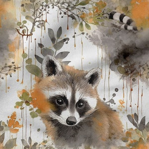 Könnte beinhalten: Ein Aquarellbild eines Waschbären vor weißem Hintergrund. Der Waschbär hat braunes Fell, schwarze Augen und eine schwarze Nase. Der Hintergrund ist mit Aquarellspritzer und Blättern in Grün-, Braun- und Orangetönen verziert.