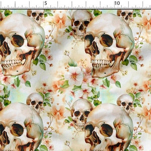Watercolor floral skulls cotton 100%, Eco-print, Printed Cotton Fabric, Width 150cm /60"