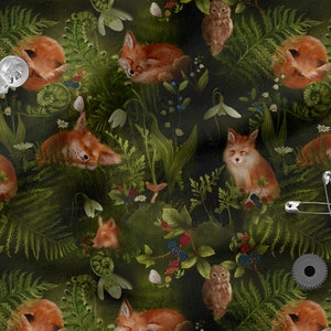 FUNNY Foxes cotone 100%, Eco-print, Tessuto di cotone stampato, Tessuto FOX Larghezza 150 cm /59"