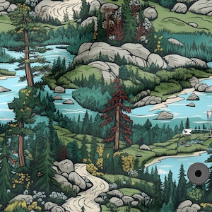 May include: A seamless pattern featuring a stylised illustration of a forest scene with a winding river, green trees, and grey rocks. The pattern is repeated throughout the image.