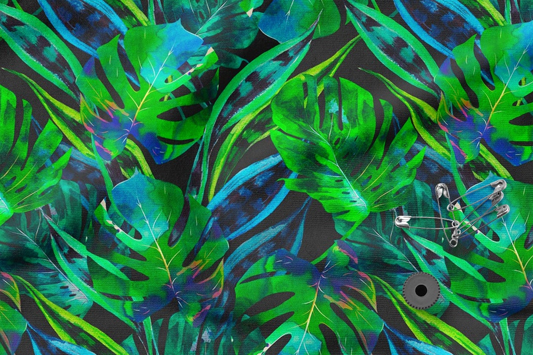 Tropical Cotton Fabric, Ecoprint, Cotton Knit Fabric, Sweatshirt Fabric Leaves Pattern Fabrics