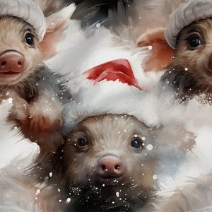 May include: Three piglets wearing white Santa hats with red trim. The piglets are surrounded by a white snowy background.