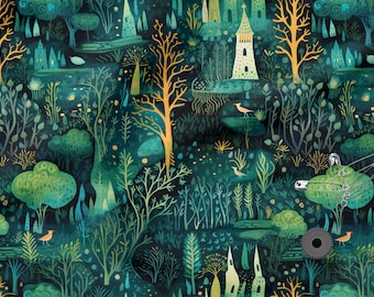 Enchanted forest cotton 100%, Eco-print, Printed Cotton forest fabric, Width 150cm /60"