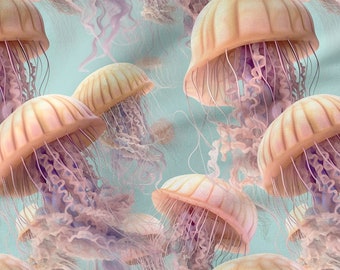 Jellyfish  cotton 100%, Eco-print, Printed Cotton jellyfish fabric, Width 150cm /60"