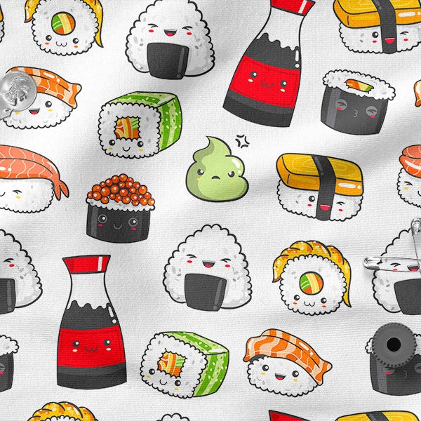 100 % coton KAWAII SUSHI coloré, impression écologique, tissu en coton imprimé, tissu SUSHI, largeur 150 cm