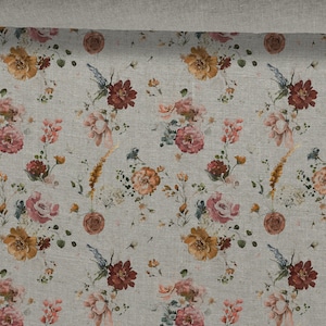 Linen fabric Flowers, Floral Pattern, Beige in melange, Softened linen for sewing