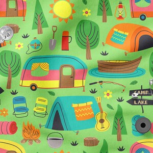 May include: A green fabric with a repeating pattern of camping themed illustrations. The pattern includes a camper, tent, canoe, campfire, trees, and a sign that says "Camp Lake".