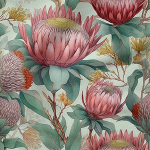May include: A seamless pattern featuring pink and green protea flowers with yellow accents on a light green background.