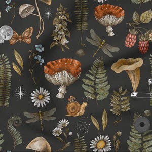 Tela de algodón 100% Forest Life, con estampado ecológico, con motivos de madera y hongos, ancho 150 cm (60")
