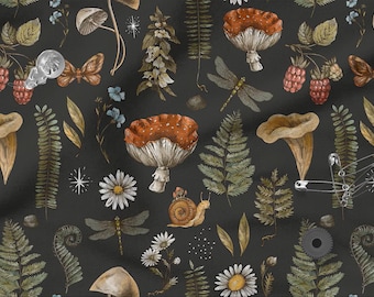 Forest Life cotton 100%, Eco-print, Wood Cotton Fabric, Mushrooms fabric, Width 150cm /60"