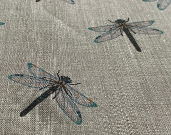 Linen fabric, Dragonflies, Beige in melange, Softened linen for sewing, Width 150cm /60"