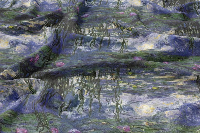 Pode incluir: Um tecido azul e verde com um padr&atilde;o repetido de l&iacute;rios de &aacute;gua e &aacute;gua. O tecido &eacute; texturizado e tem um visual pict&oacute;rico.